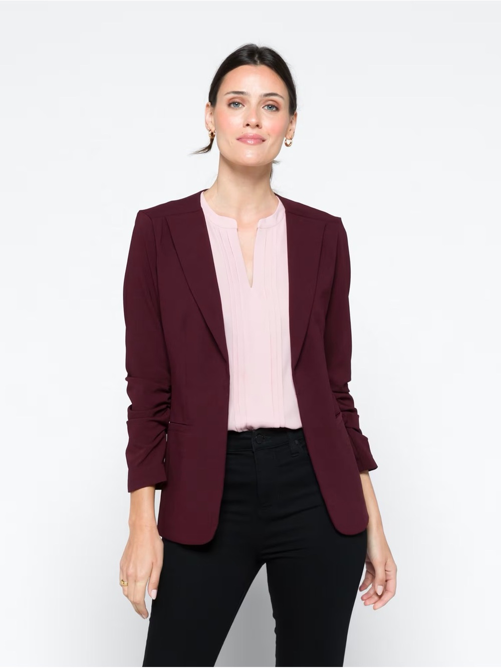 Skies Are Blue Burgundy Open-Front Raja Collarless Blazer